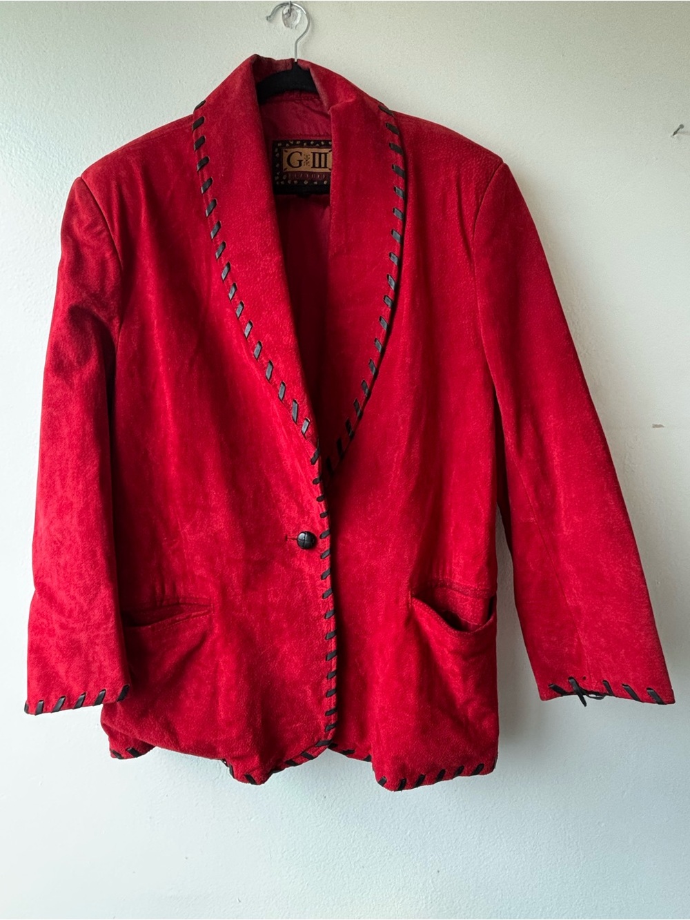 G III Red Suede Notched Blazer with Contrast Whipstitch